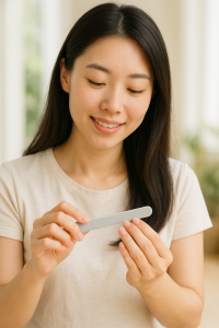 asian woman, wearing a cream t-shirt, filing her nails