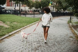Woman walking her dog in the park.